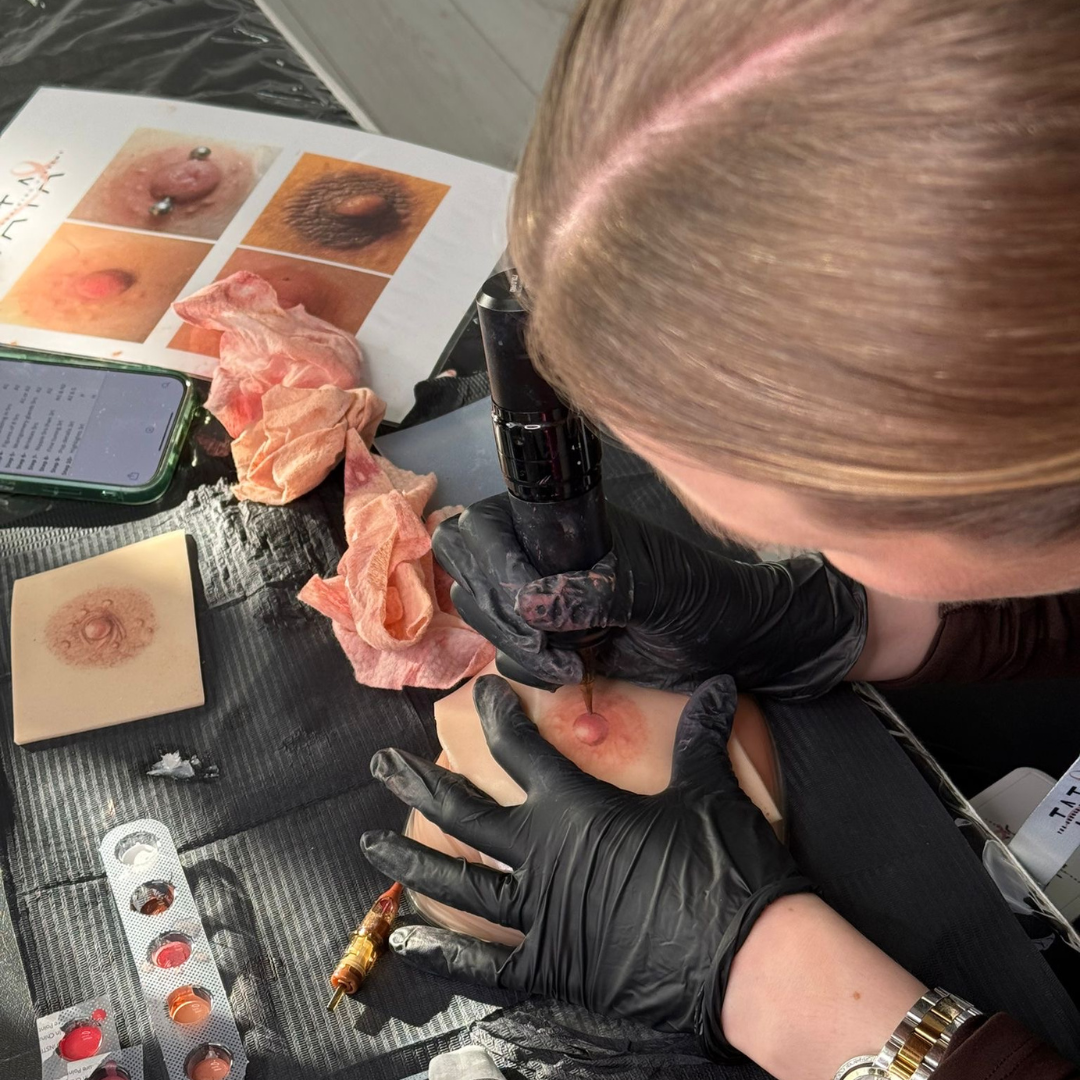 Hayley practicing areola tattooing